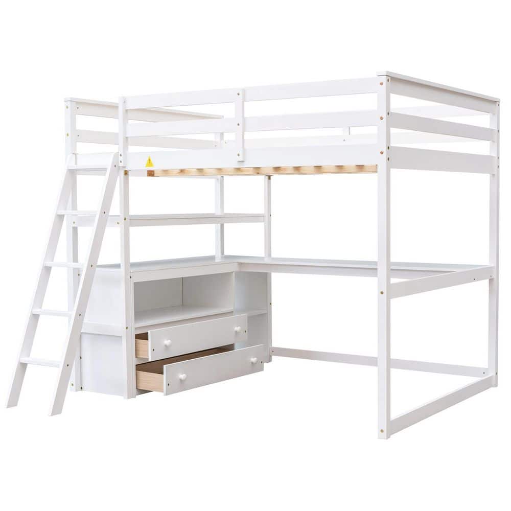Angel Sar White Wood Full Size Loft Bed with Desk and Shelves, Two ...
