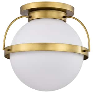 Lakeshore 18 in. 1-Light Natural Brass Transitional Flush Mount with White Opal Glass Shade and No Bulbs Included