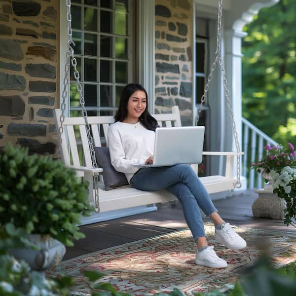4 ft. Wood Patio Porch Swing Outdoor With Chains and Curved Bench, White