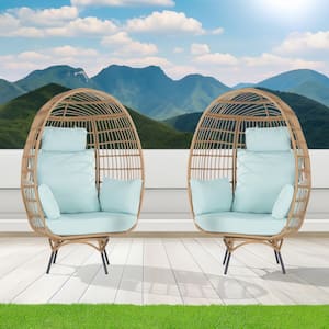 2-Pieces Patio Wicker Swivel Egg Chair, Oversized Indoor Outdoor Egg Chair, Brown Rattan Tiffany Blue Cushions