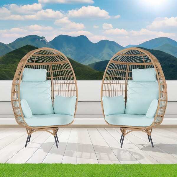 SANSTAR 2-Pieces Patio Wicker Swivel Egg Chair, Oversized Indoor Outdoor Egg Chair, Brown Rattan Tiffany Blue Cushions