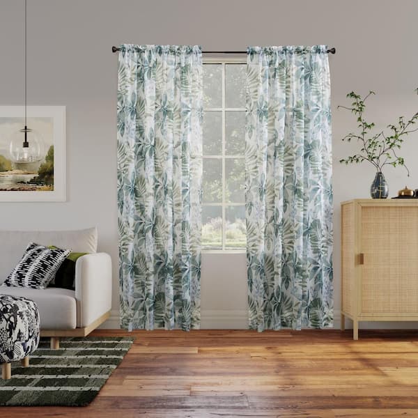 Fiona Foliage Print Crushed Voile White Polyester 51 in. W x 63 in. L Rod Pocket Sheer Curtain (Single Panel)