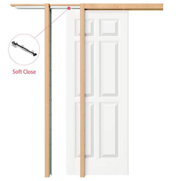 TENONER 60 in. x 80 in. White Primed Pine and MDF Composite 6-Panel Pocket Door, Door Panel with Soft Close, Frame and Hardware