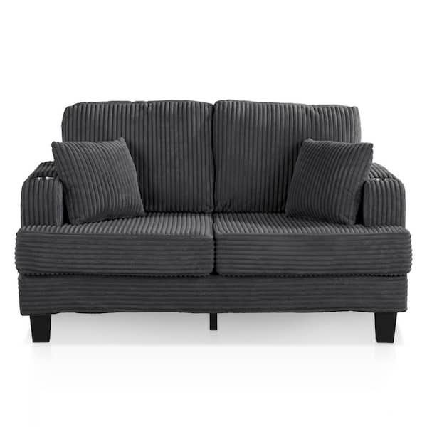 Kasin 60 in. Dark Gray Solid Chenille Rectangle 2-Seater Small Space Loveseat With Cup Holders
