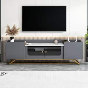 Gray Modern TV Stand Fits TVs up to 70 in. with Fluted Glass, Faux Marble Top and Gold Frame Base