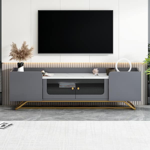 Harper & Bright Designs Gray Modern TV Stand Fits TVs up to 70 in. with Fluted Glass, Faux Marble Top and Gold Frame Base