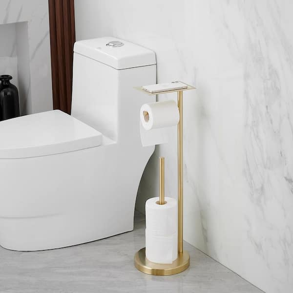 Freestanding Toilet Paper Holder with Shelf in Brushed Gold