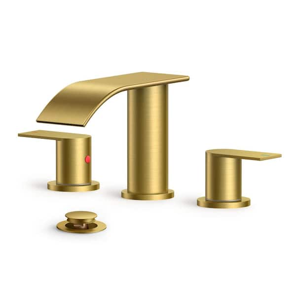 FURUISI 8 in. Widespread Double Handle Bathroom Faucet with Drain Kit Included in Matte Gold