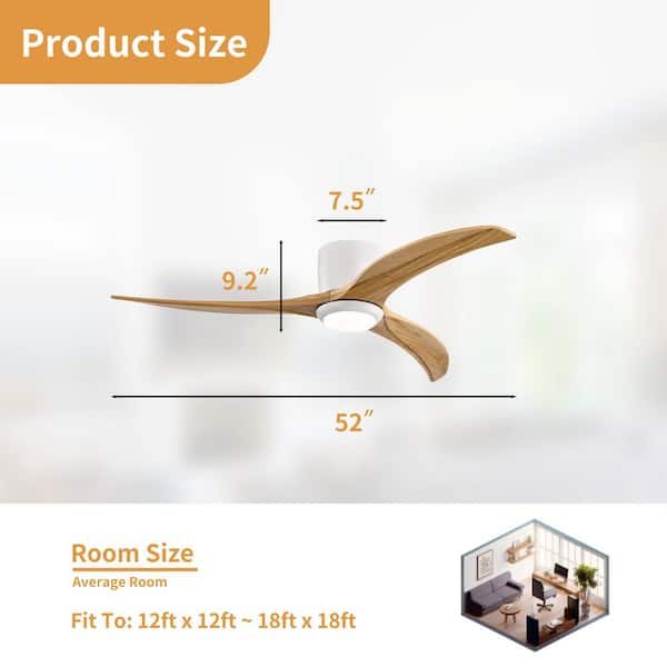 52 in. Integrated LED Indoor Flush Mount White/Oak Standard Ceiling Fan with Light and Remote DC Motor