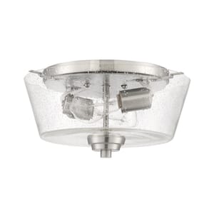 Grace 13 in. 2-Light Brushed Nickel Transitional Flush Mount with Clear Seeded Glass Shade and No Bulbs Included 1-Pack