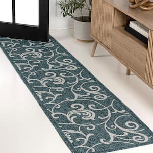 Maribel Turquoise/Cream 2 ft. x 8 ft. Traditional Classic All-Over Scroll Indoor/Outdoor Runner Rug