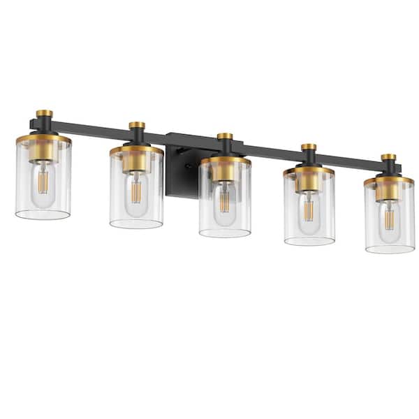 Briignite 33 in. 5-Light Black and Gold Cylinder Vanity Light with Glass Shade and No Bulbs Included