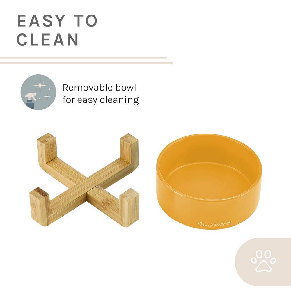 Yellow Ceramic Pet Bowl with Wooden Stand