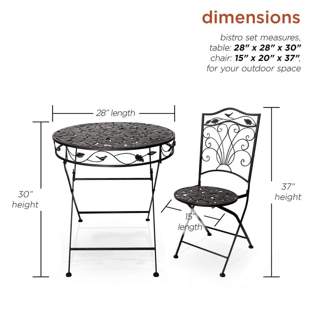 Black Iron 3-Piece Garden Bistro Set with Leaf Design
