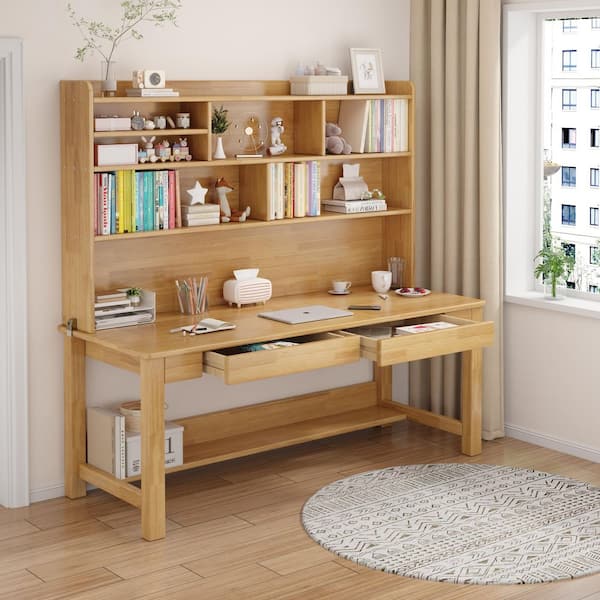63 in. W Beige Kids Study Desk with Hutch, Wooden Writing/Computer Desk, Dual-Position Kids Desk with Drawers for Home