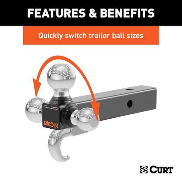 Trailer Hitch Tri Ball Mount with Hook,Fits 2” Hitch Receiver,1-7/8, 2&  2-5/16Matt Black Plated Balls ,Secure with Self-Lock Latch, 10,000 LBS