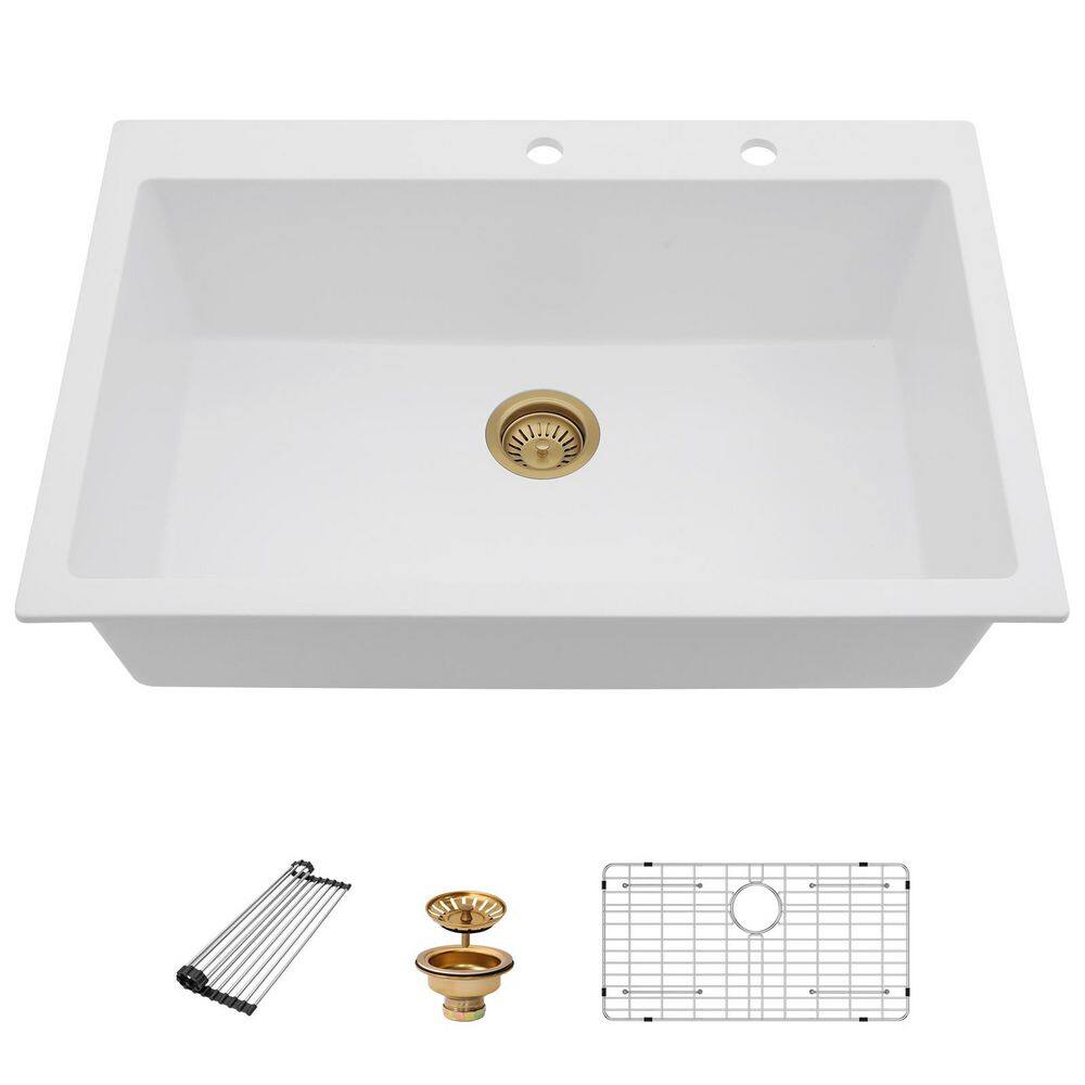 33 in. Drop-In Single Bowl Matte White Round Corner Quartz Composite Kitchen Sink with Roll Up Rack price history on PriceWatchPro