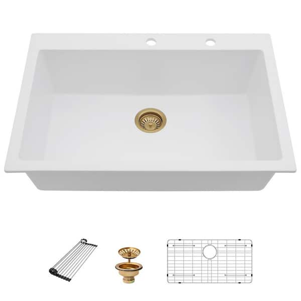 33 in. Drop-In Single Bowl Matte White Round Corner Quartz Composite Kitchen Sink with Roll Up Rack