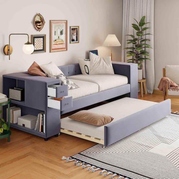 Gray Wood Frame Twin Size Platform Bed with Storage and Twin Trundle,USB Charging Ports