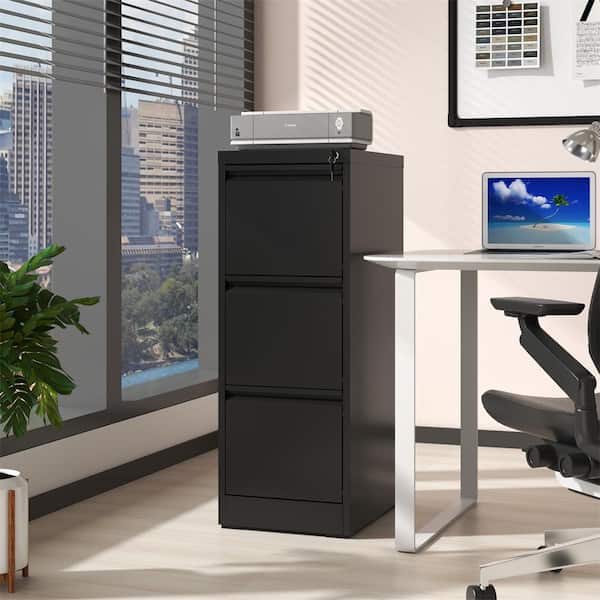 Kahomvis Black 41 in. H Metal Office Storage Cabinet Steel Vertical File Cabinet with Lock and 3-Drawers
