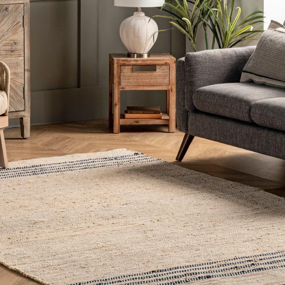 Natural Jute Flatwoven Area Rug with Blue Stripes, 5' x 8'