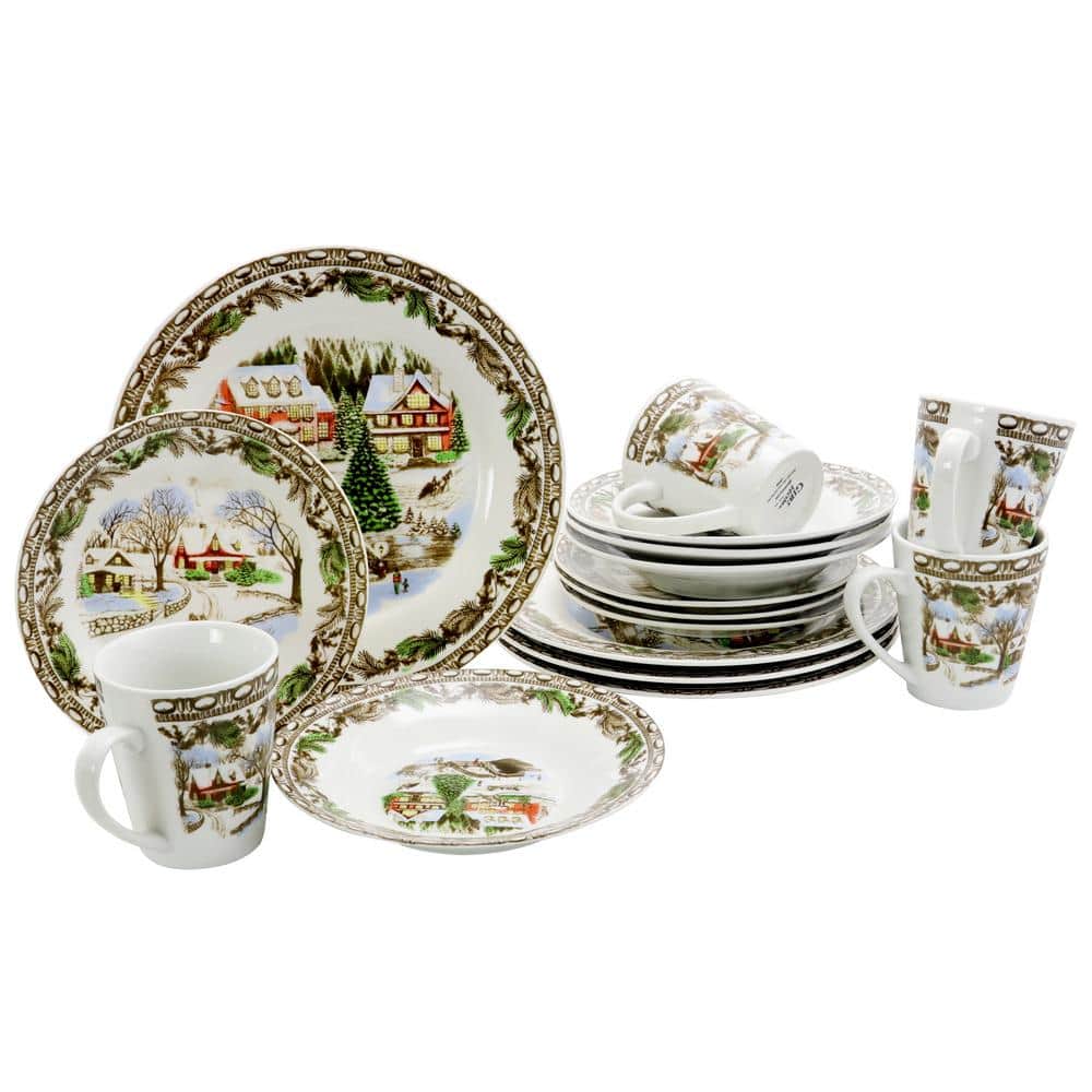 Christmas Toile 16-Piece Porcelain Dinnerware Set with Winter Scene