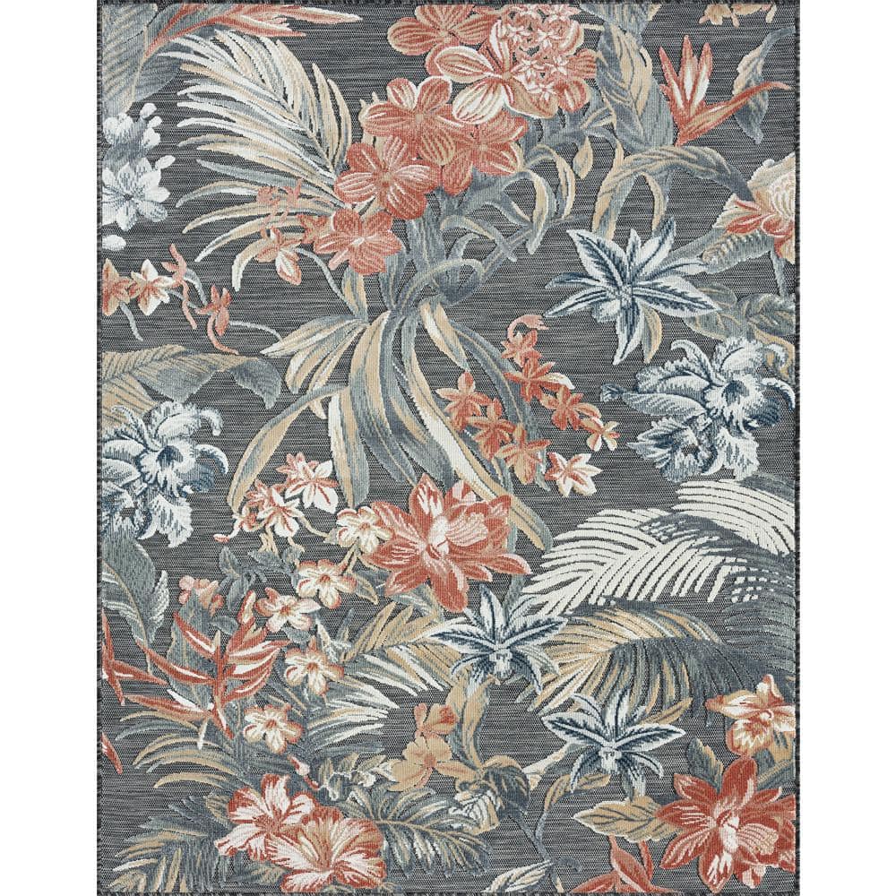 Tayse Rugs Tropic Black 5 ft. x 7 ft. Floral Indoor/Outdoor Area Rug ...