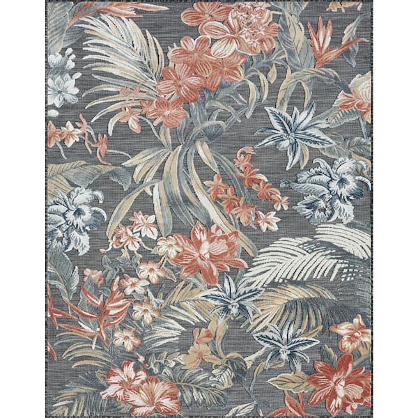 Tayse Rugs Tropic Floral Gray 2 ft. x 3 ft. Indoor/Outdoor Area Rug