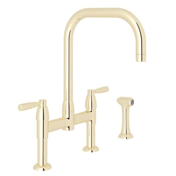 Holborn Io Two Handle Bridge Kitchen Faucet with Side Spray in Unlacquered Brass