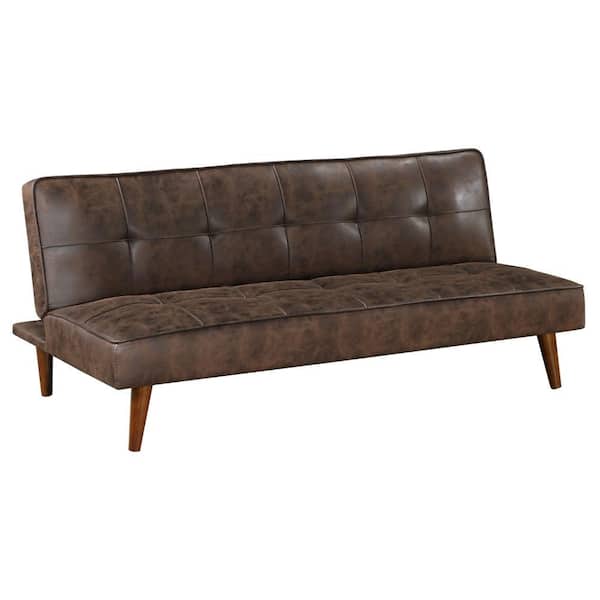 Benjara Sena 66.25 in. Dark Brown Faux Leather Futon Convertible Twin Size Sofa Bed