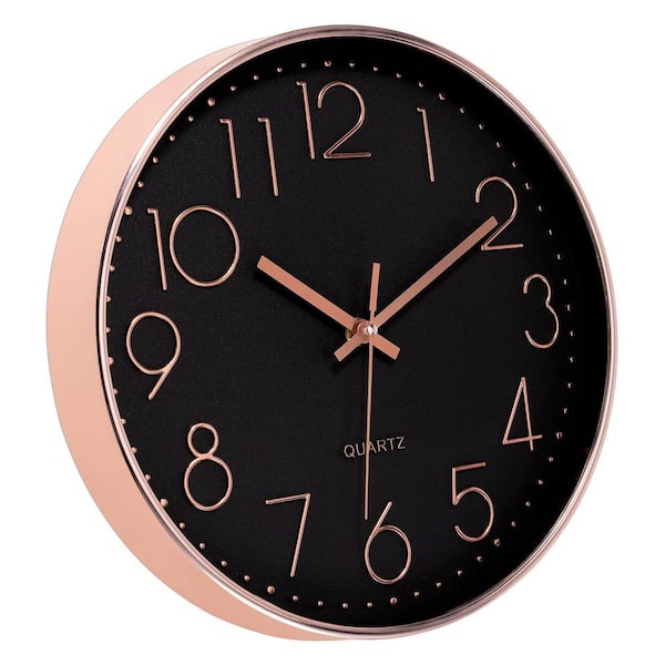Afoxsos 12 in. Rose Gold  and  Black Analog Plastic Battery Operated Silent Non-Ticking Wall Clock