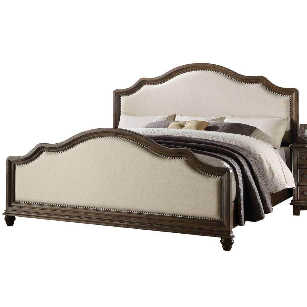 Elegant Queen Bed with Nailhead Trim in Beige Linen & Weathered Oak
