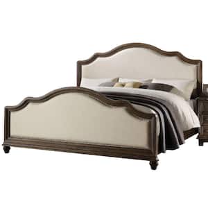 Baudouin Beige Linen and Weathered Oak Queen Size Panel Bed