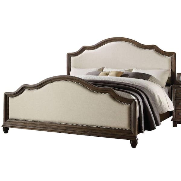 Acme Furniture Baudouin Beige Linen and Weathered Oak Queen Size Panel Bed
