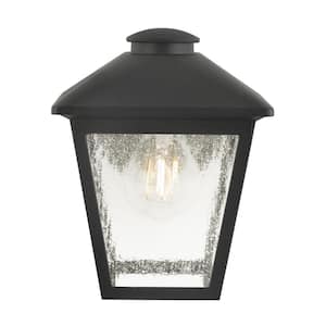 Malena 7.83 in. 1-Light Black Hardwired Outdoor Wall Light Sconce Lantern with Clear Seeded Glass
