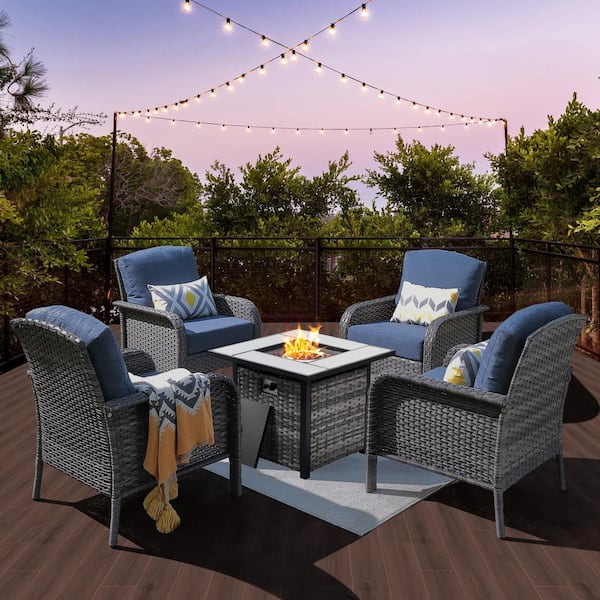 weaxty W Hyacinth Gray 5-Piece Wicker Patio Outdoor Conversation Seating Set with a Square Fire Pit and Denim Blue Cushions