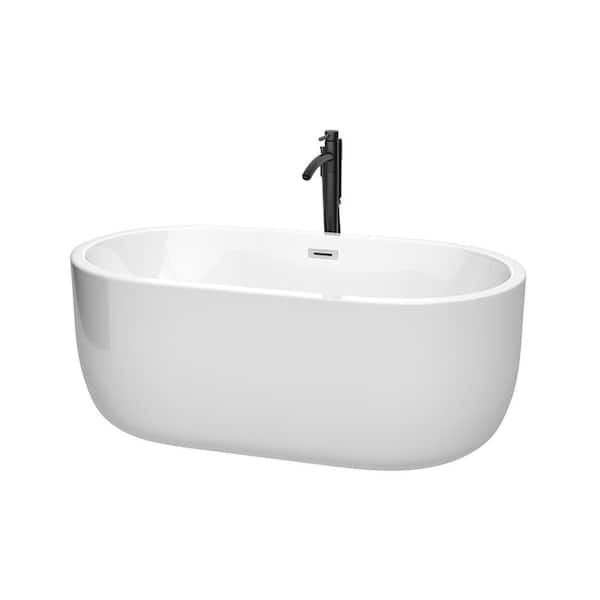 Wyndham Collection Juliette 60 in. Acrylic Flatbottom Bathtub in White with Polished Chrome Trim and Matte Black Faucet