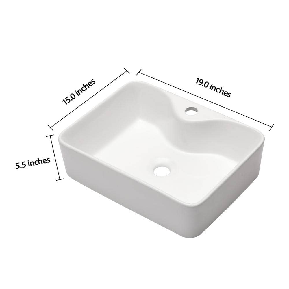 19" White Ceramic Rectangular Vessel Bathroom Sink