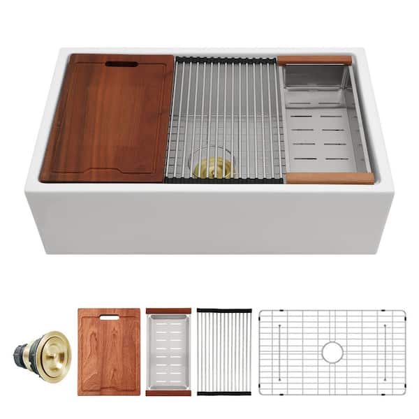 33 in.x 20 in.Ceramic White Single Bowl Farmhouse Apron Workstation Kitchen Sink with Bottom Grid