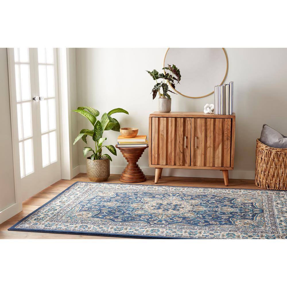 Navy Blue and Ivory Traditional Medallion Area Rug 9'2" x 12'5"