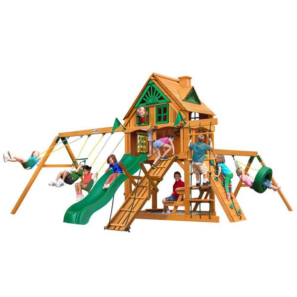 Gorilla Playsets Frontier Treehouse Wooden Swing Set with Fort Add-On and Tire Swing