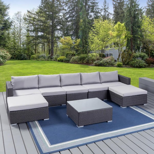 Noble House Santa Rosa Grey 8-Piece Wicker Outdoor Sectional Set with Silver Cushions
