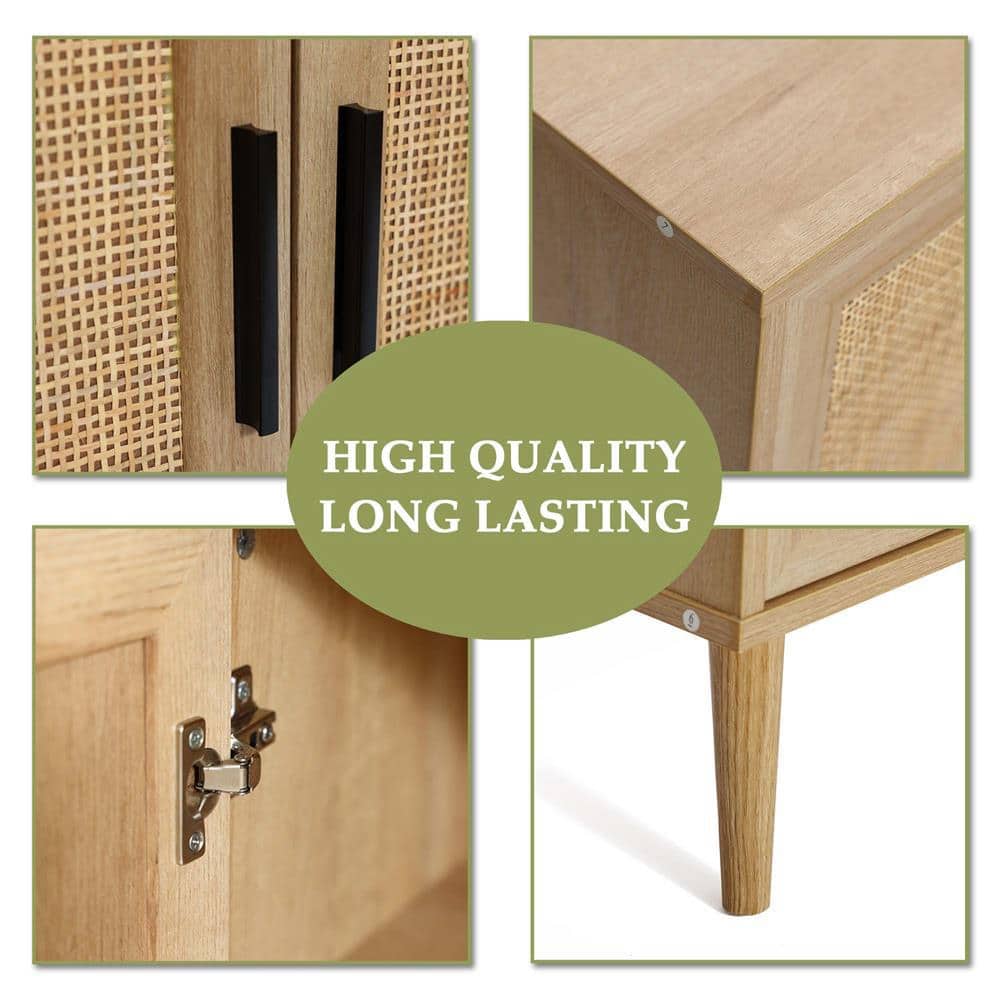 Light Oak 3-Door Rattan and Wood Sideboard Cabinet
