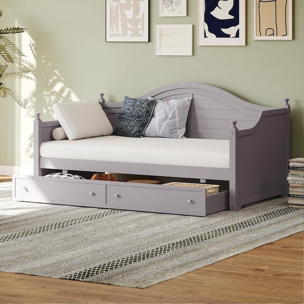 Leo Light Gray Wood Frame Twin Size Daybed with 2 Storage Drawers, Handrail