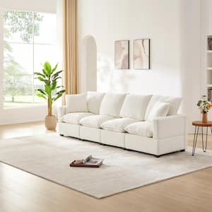 110 in. Straight Arm 4-Seat Chenille Rectangle Sectional Sofa in White with 2 Pillows, Freely Combinable Seats
