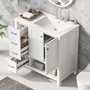 36 in. W x 18 in. D x 34 in. H Single Sink Freestanding Bath Vanity in White with White Ceramic Top and Storage