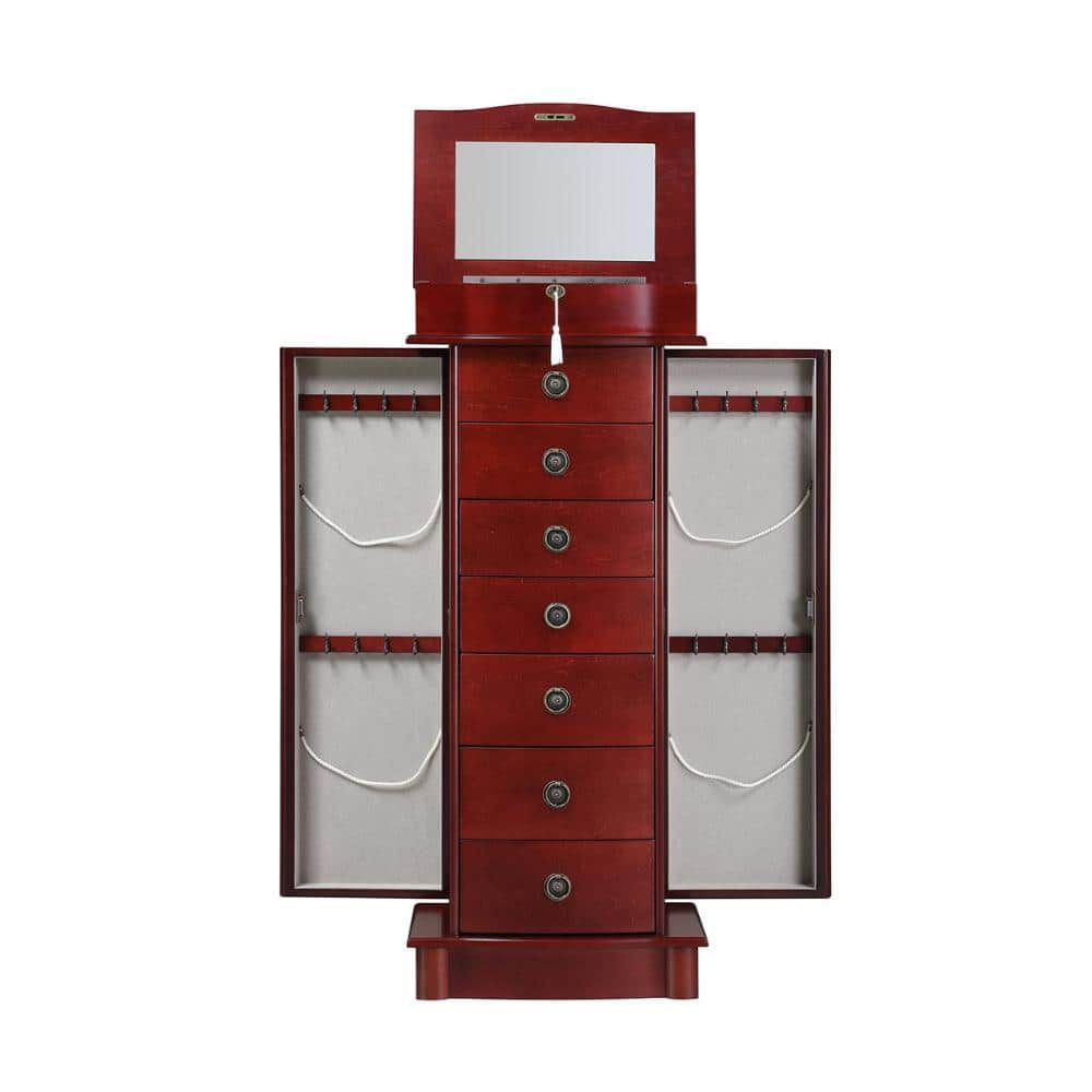 Nora Cherry Wood Locking 15.5 in. W Jewelry Armoire with 7 Drawers