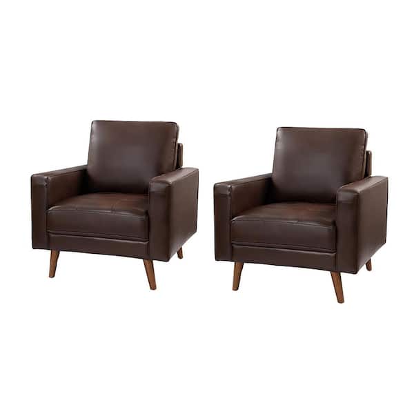 JAYDEN CREATION Christine Mid-Century Modern Brown Genuine Leather Armchair with Wood Flared Legs (Set of 2)