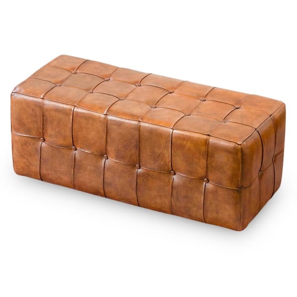Ashcroft Furniture Co Bumble Mid Century Modern Tufted Rectangular Genuine Leather Upholstered Bench in Tan (18.5 in. H x 50 in. W x 17 in. D)