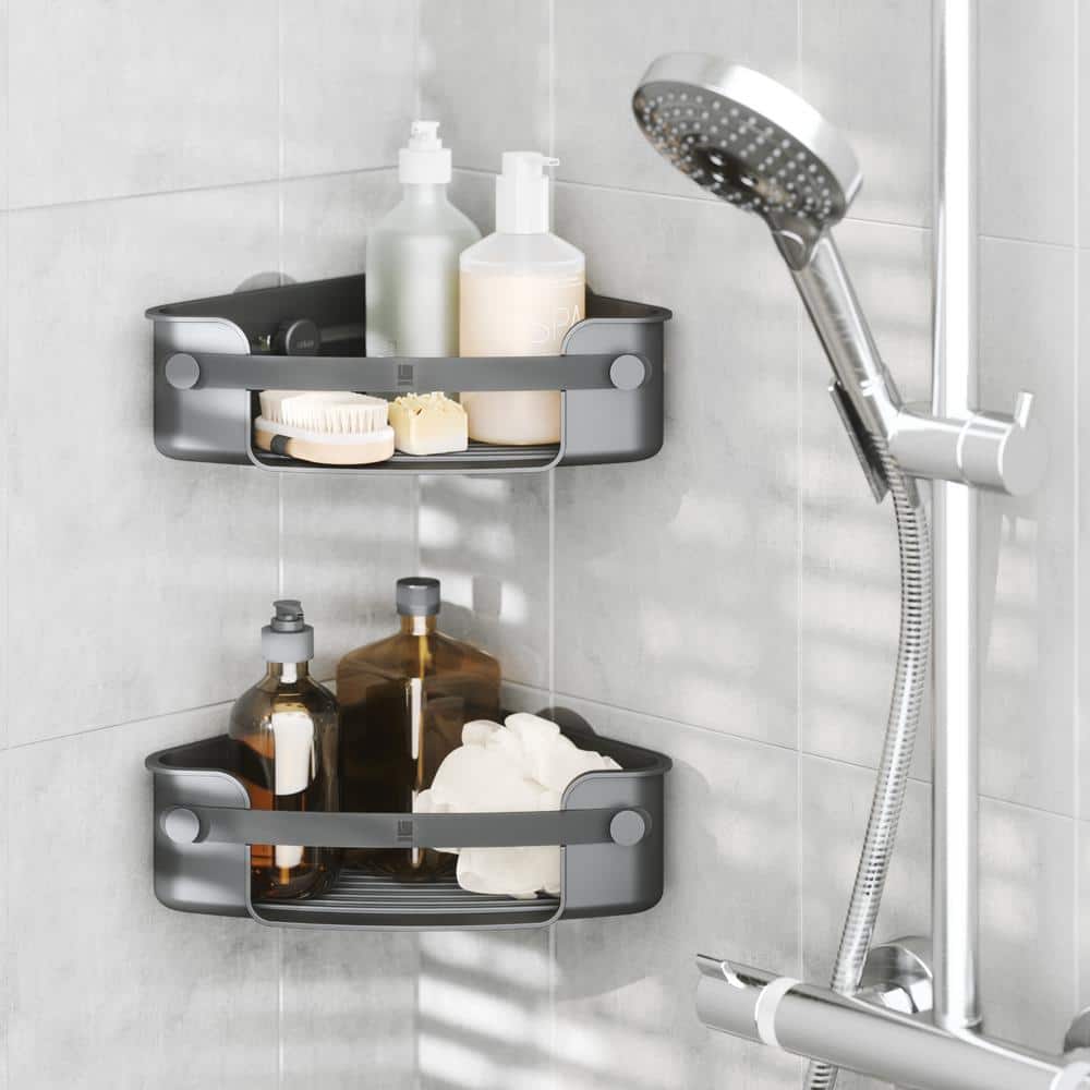 Black Plastic Adhesive Corner Shower Basket with Hooks
